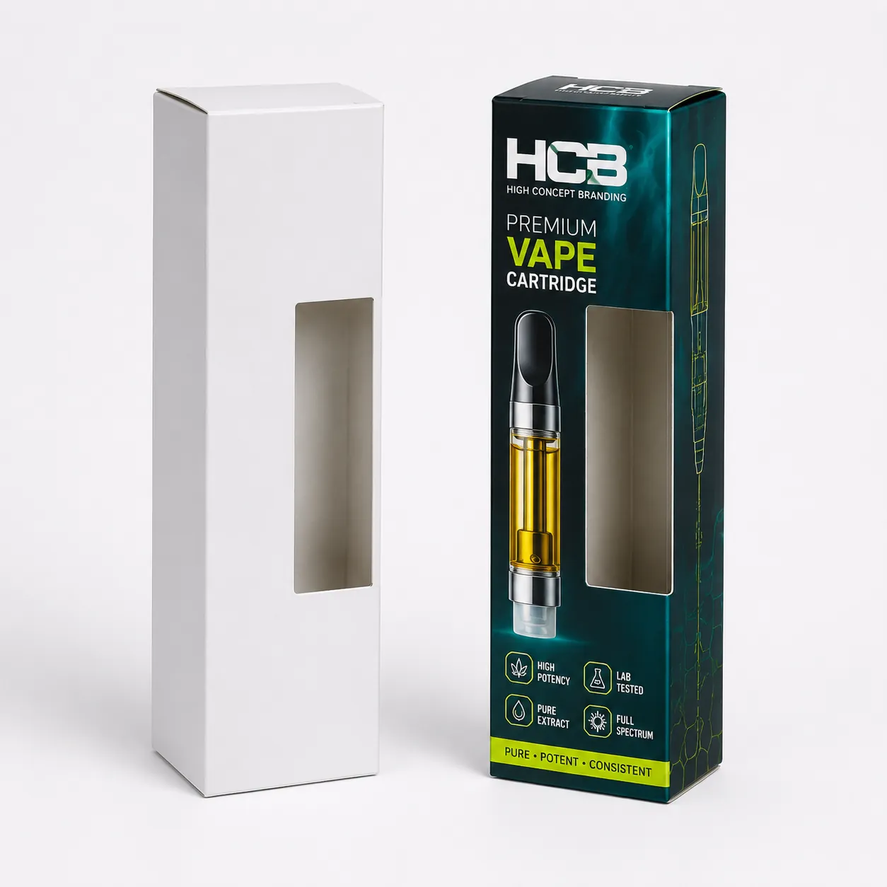 Custom printed tuck top vape cartridge boxes with a clear window next to a blank mockup. class=